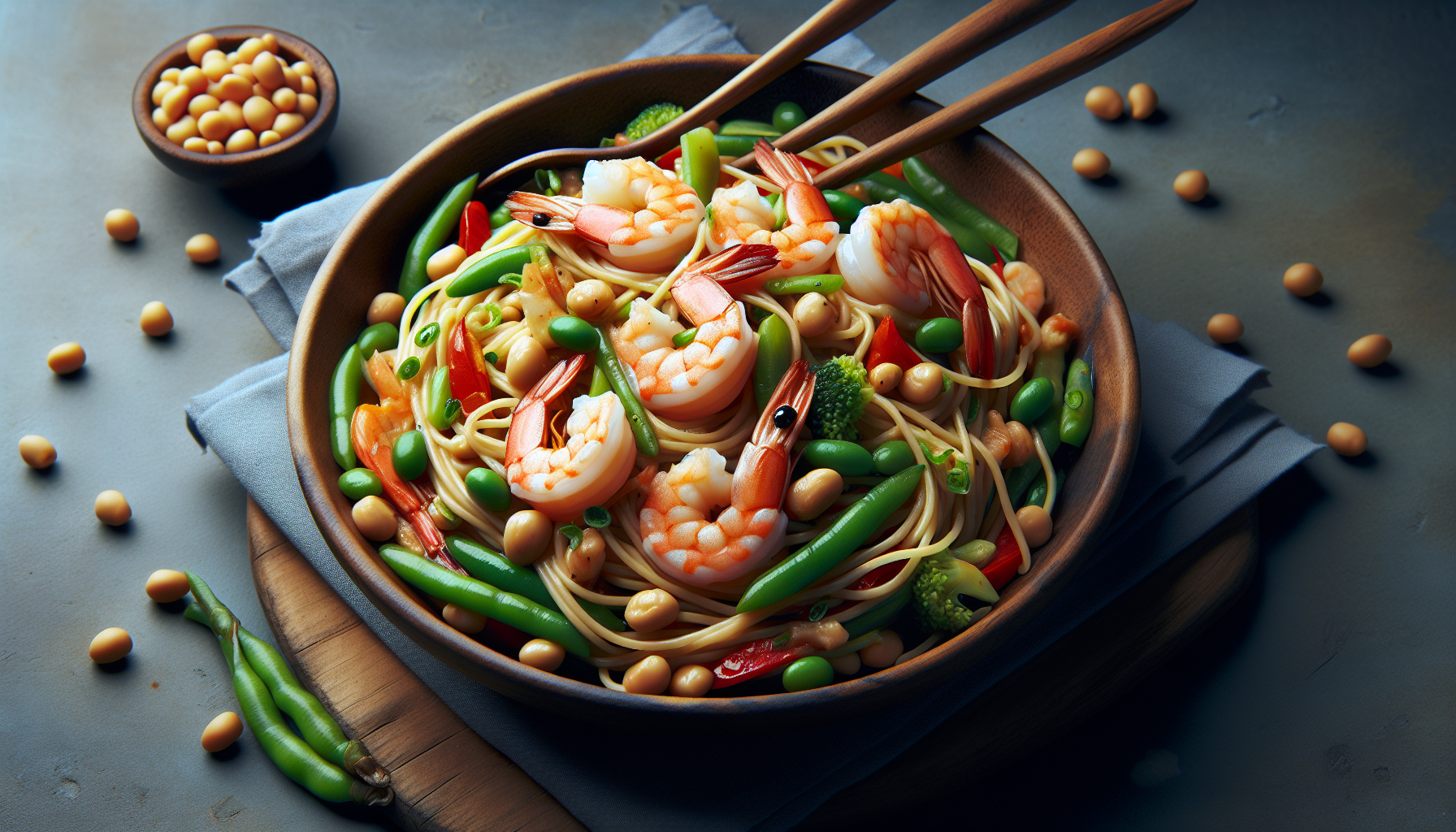 spaghetti di soia con gamberi e verdure